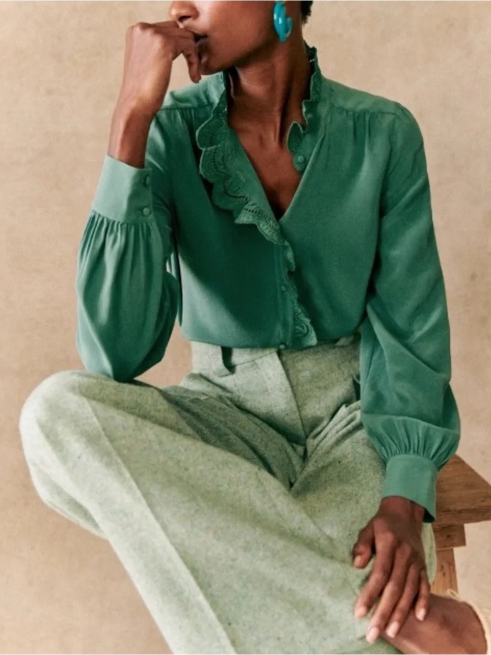 Sézane Chlo Silk Blouse in Sage Green - Picture 2 of 9
